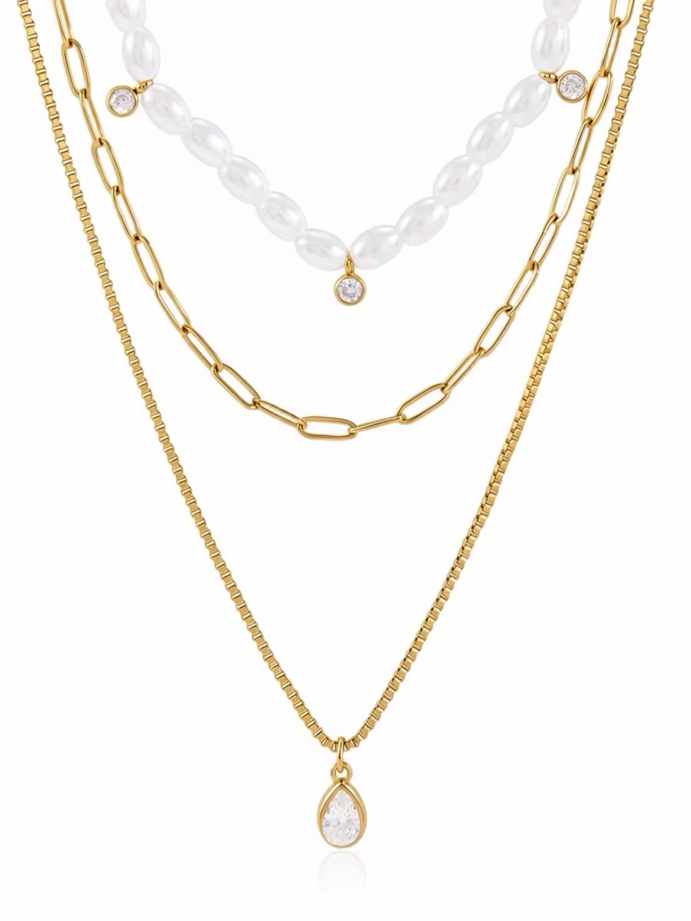 18K Gold Plated Faux Pearl & Cubic Zirconia Layered Necklace